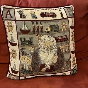 Vintage Designers Touch Tapestry 16" Throw Pillow Christmas Santa Workshop Toys